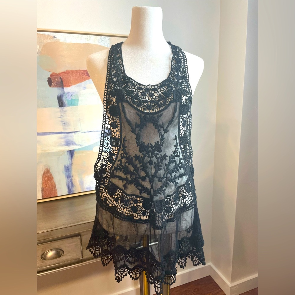 Crochet Lace Tunic Tank Cover Up Black Size Small